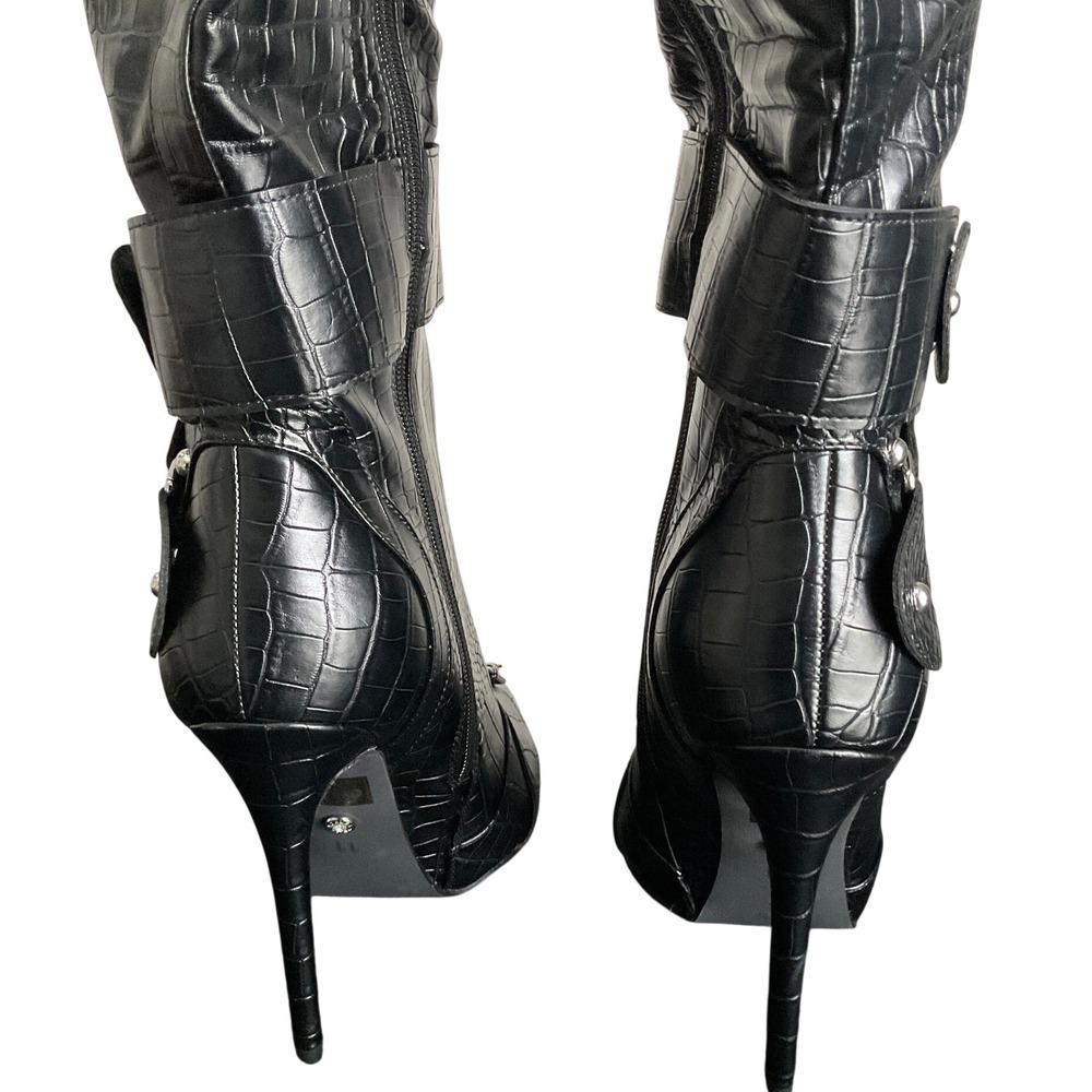 Azalea Wang Black Croc Pointed Toe Buckle Stiletto Knee High Boots Sz 11 - Picture 4 of 16